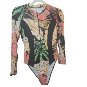 Womens Long Sleeve Zip Up One Piece Swimsuit Tropical Leaf Print